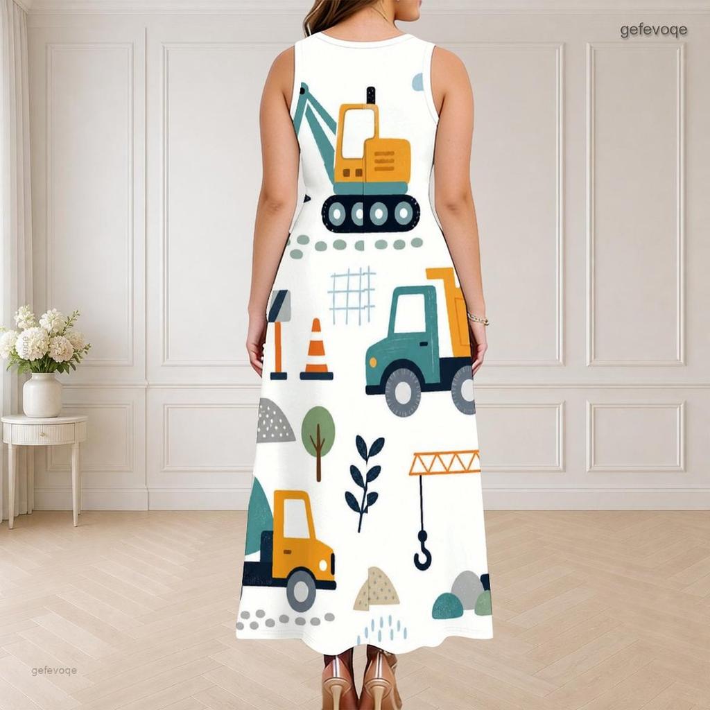 Women Plus Size Sleeveless Round Neck Triple Keyhole Cutout Black Gold Beige Printed Long Dress