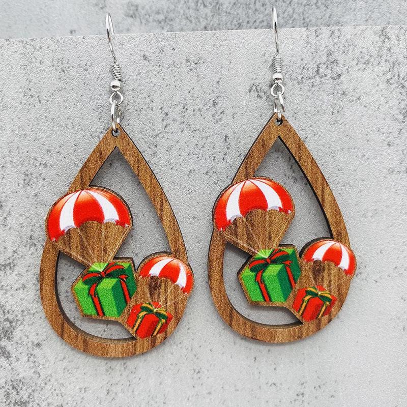 Teardrop Santa Claus Bell Car Red Ornaments: Wooden Christmas Earrings