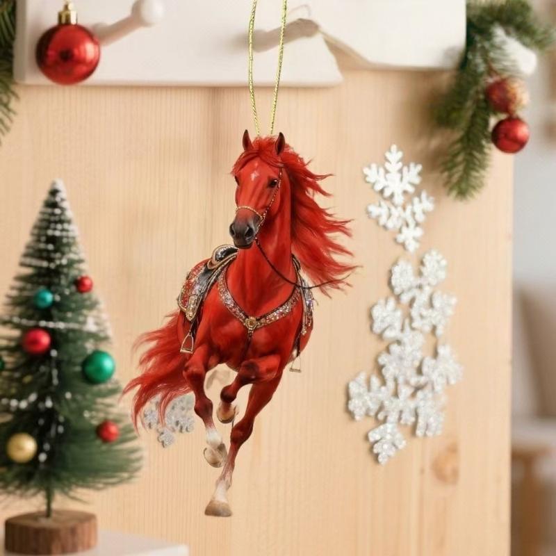 Exquisite 2D Acrylic Horse Car Rearview Mirror Pendant Backpack Charm Christmas Tree Ornament Party New Year Hanging Decoration