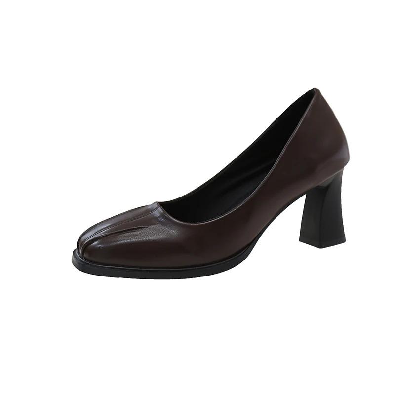Classic Basic Women's Pump Leather Pleat Design  Spring Elegant Square Toe Chunky Heel Office Women's Dress Work Shoes