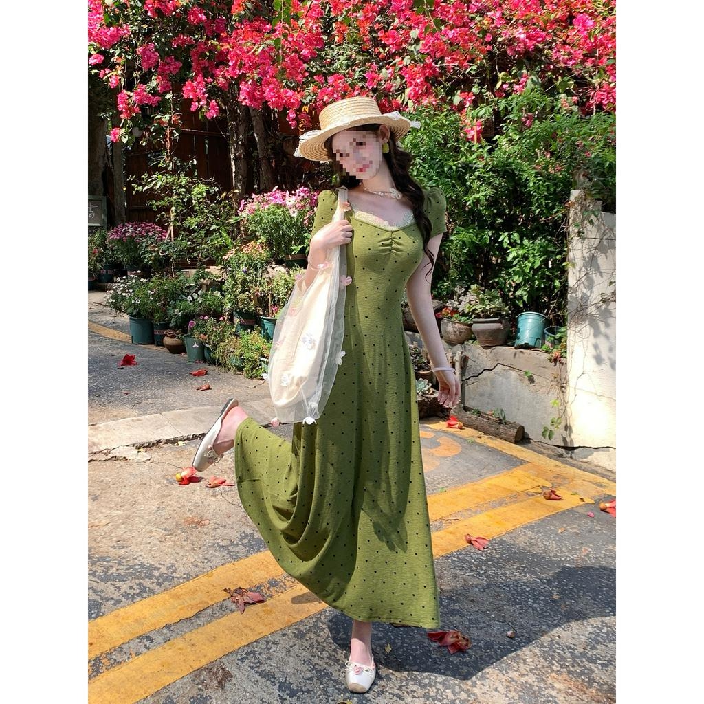 Green Polka Dot Square Neck Front Shoulder Short Sleeve Dress Women's 2026 Spring and Summer New Large Size Fat Mm Mori Retro Skirt