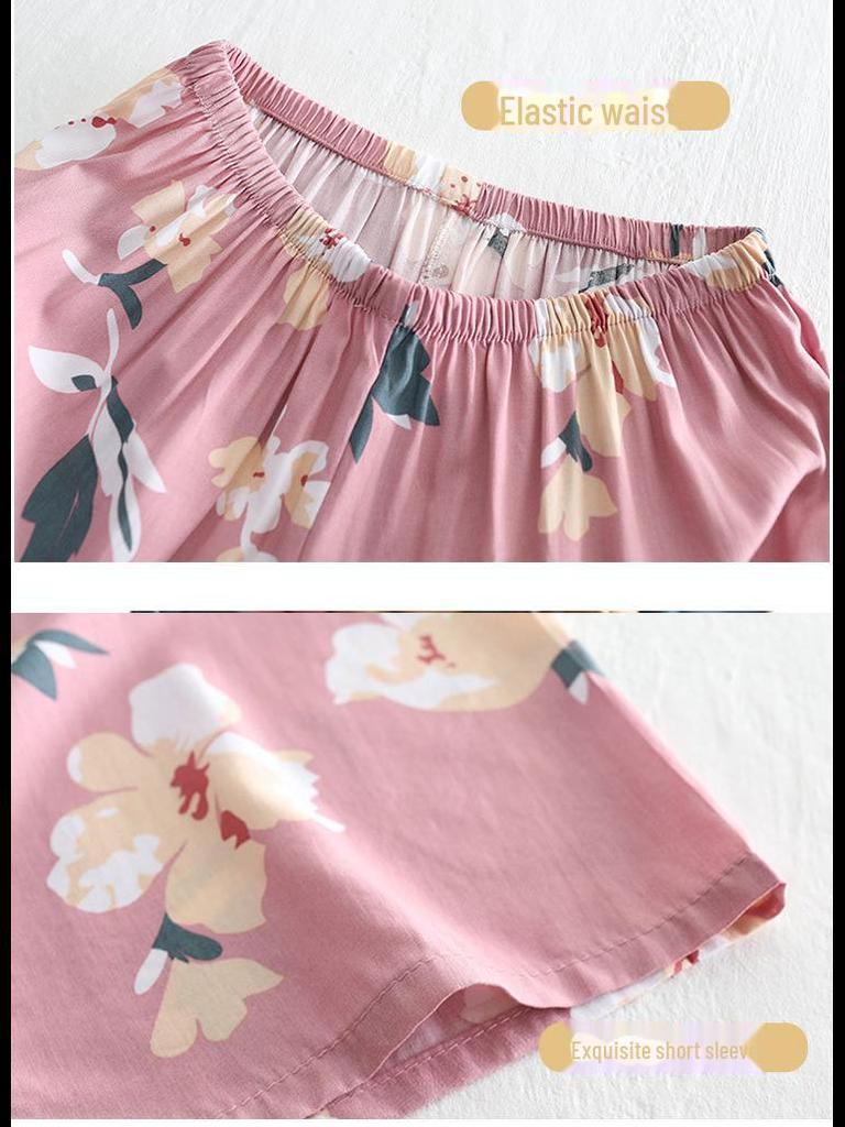 Women's Summer Short-Sleeve Cotton Silk Pajama Set - Lightweight, Two-Piece Loungewear for Outdoor and Indoor Use