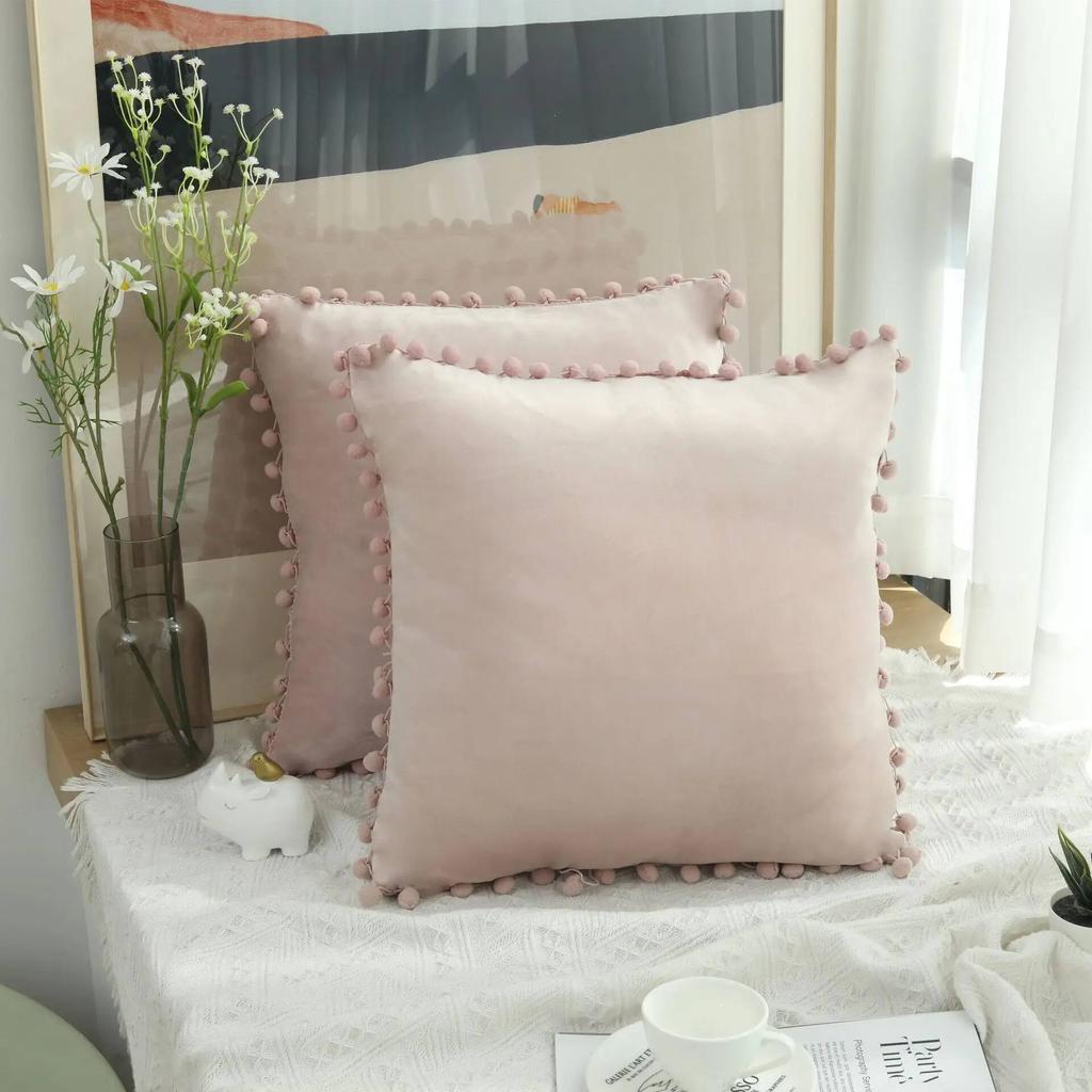 Velvet Pillow Cover with Ball Lace, Soft Cushion Cover, Monochrome, Modern and Simple, Fur Ball, 30x50, 40x40, 50x50, 65x65cm