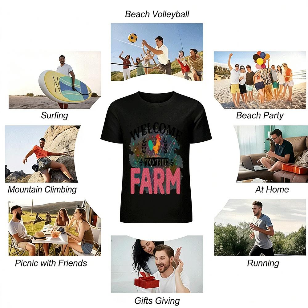 Welcome To The Farm Rooster Print Casual Short Sleeve T-Shirt Pure cotton T-shirt