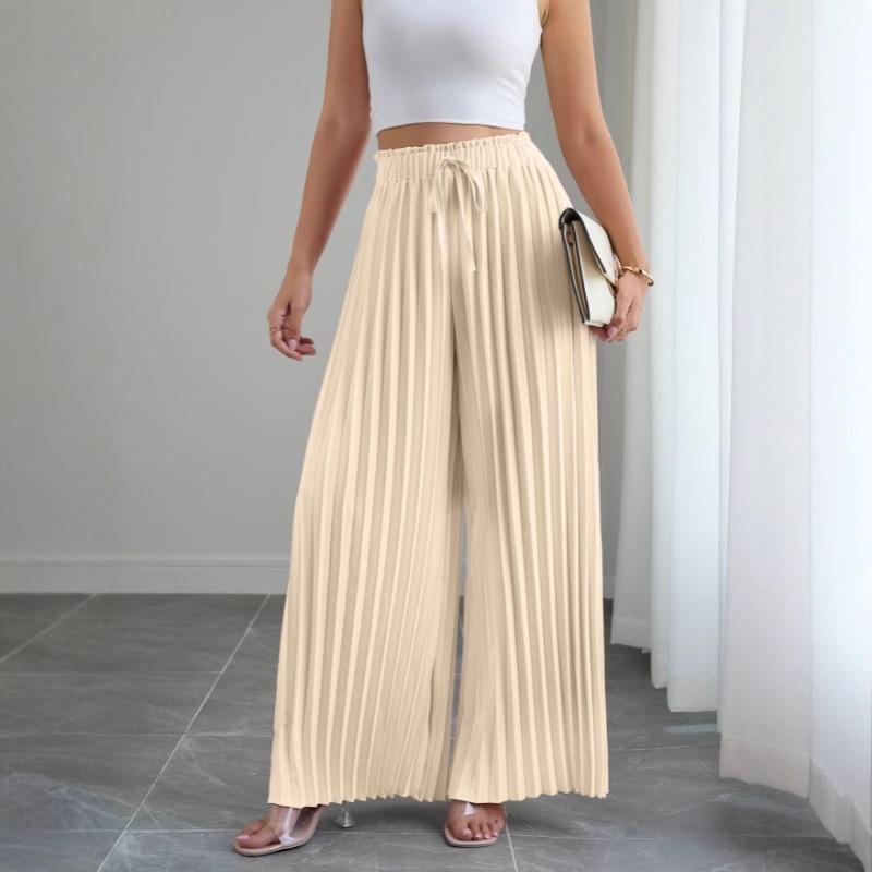 Fashion Loose Pleated Women's Long Pants Solid Color New Folded Elastic Waist Strap Loose Wide Leg Pants Casual Drawstring Trousers