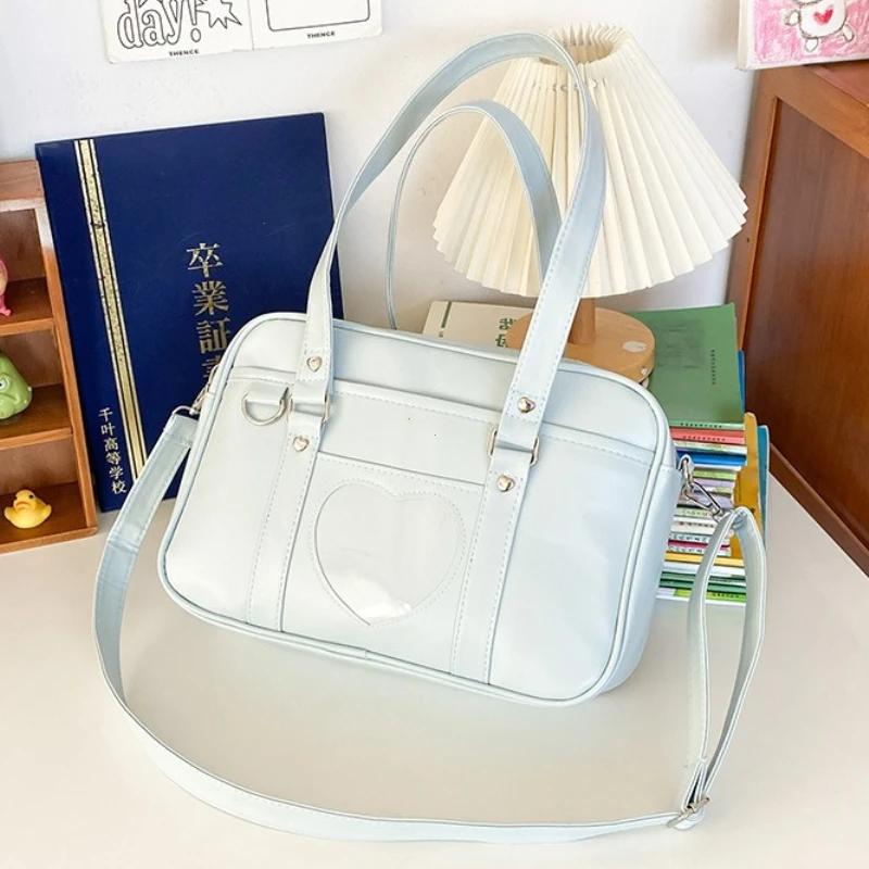 Women Jk School Handbag Large Capacity PU Anime Crossbody Bag Transparent Love Heart Shoulder Uniform Bag for Shopping Commuting