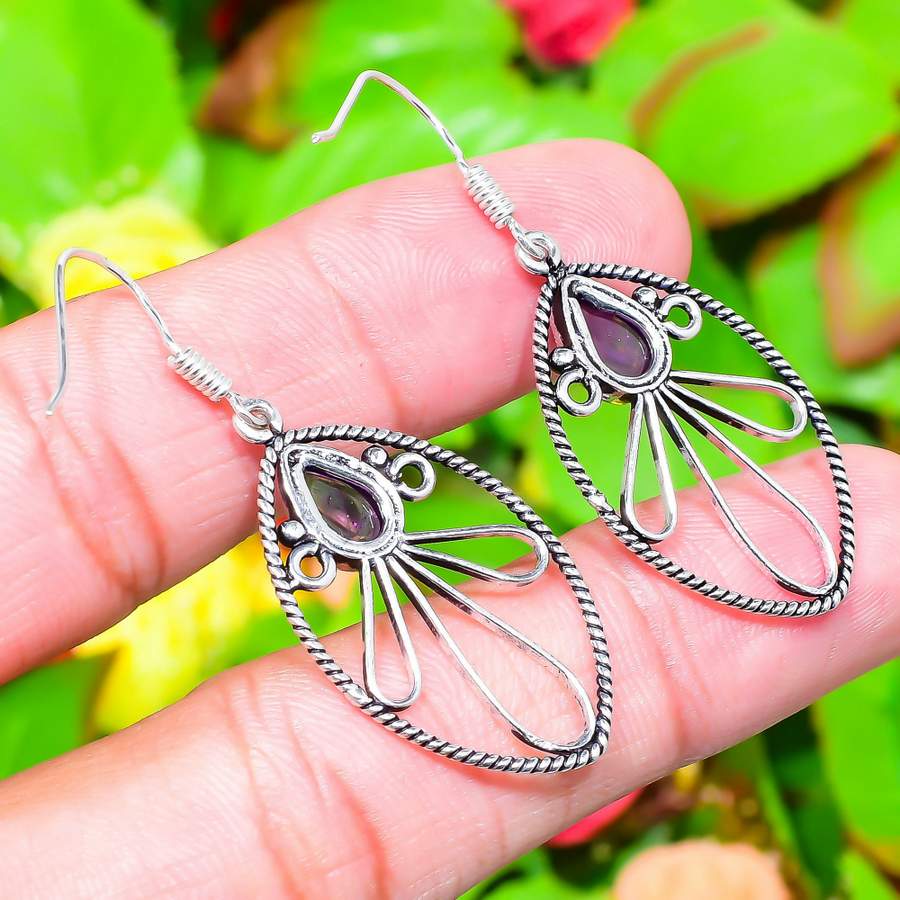 Natural Sage Amethyst Gemstone 925 Sterling Silver Gift Earring 2.01" J8H76