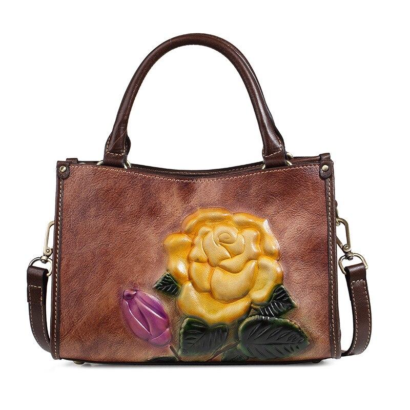 Johnature Retro-Schulter- und Umhängetaschen aus Rindsleder mit Prägung, lässige Damenhandtasche aus echtem Leder mit großer Kapazität