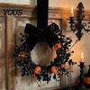 Spooky Wreath for Halloween Front Door, 9 Inch Pumpkin with Black Door Decoration Velvet Bow Home Porch Holiday Party Window Wall Decor