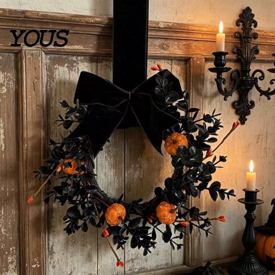 Spooky Wreath for Halloween Front Door, 9 Inch Pumpkin with Black Door Decoration Velvet Bow Home Porch Holiday Party Window Wall Decor