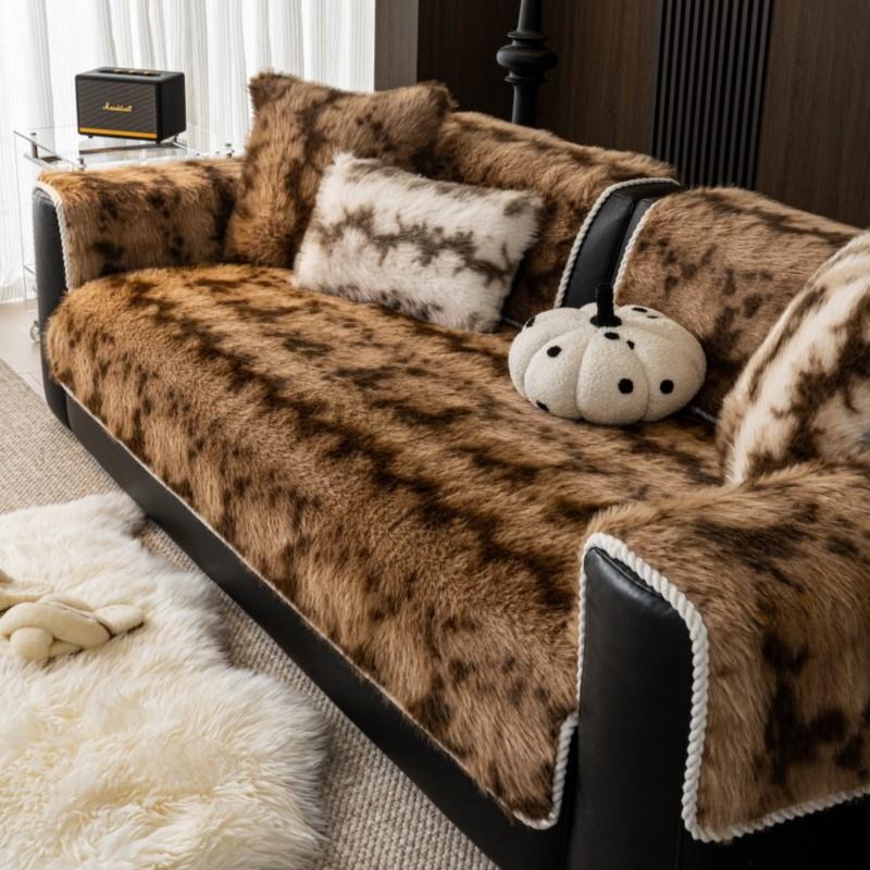 New Vintage Rabbit Plush Sofa Cushion Winter Thicken Plush Warm Straight-Line Leopard Sofa Throw Cover Anti-Slip Soft Fuzzy Mats