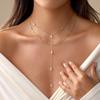 Trendy Water-resistant CZ Geometric Lariat 2-layers Necklace  Stainless Steel Delicate 18K PVD Gold Plated Charm Fashion Jewelry