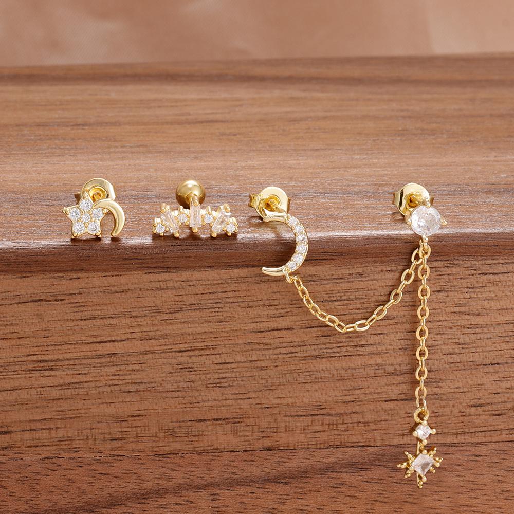 New Arrival 3PCS Stainless Steel Fashion Tassel Chain Stud Piercing Earrings Set For Women Zircon Wedding Party Jewelry Gifts