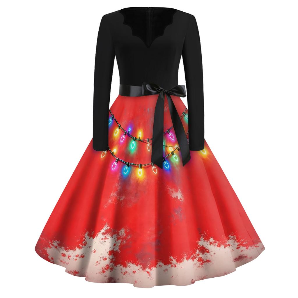 Women's Casual Christmas Print V-Neck Vintage Dress for Holiday Party and Daily Wear