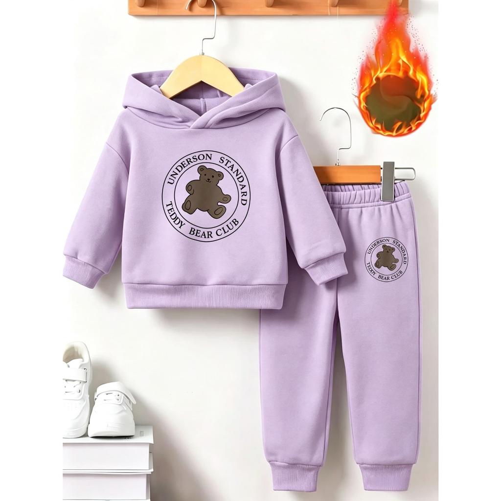 Classic bear print children's warm sports outfit with autumn/winter anime print - long-sleeved hoodie set