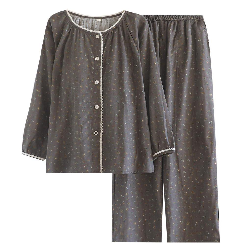 Women's Forest Floral Cotton Pajama Set - Long-Sleeve Gauze Cardigan, Sweet & Loose Nightgown for Spring & Autumn.