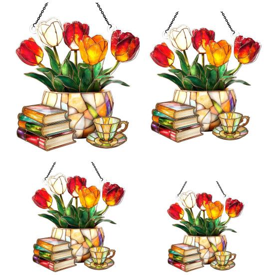 Tulip And Book Sun Catcher Acrylic Flower Suncatcher Window Hanging Decoration for Home Living Room Bedroom Outdoor Decor