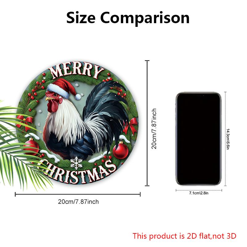 The Majestic Rooster Wooden Christmas Sign, Merry Christmas Round Sign for Front Door Wall Hanging Decor, Ideal Christmas Gift