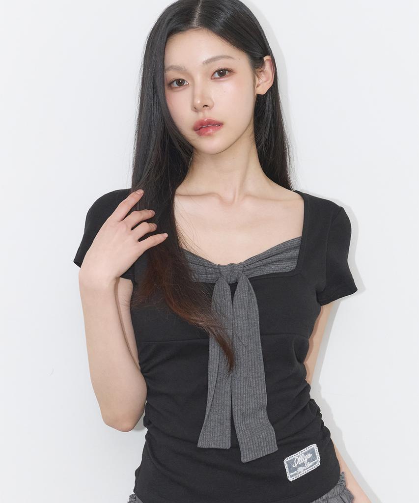 ILLIGO Layered Ribbon Tie T-Shirt Black