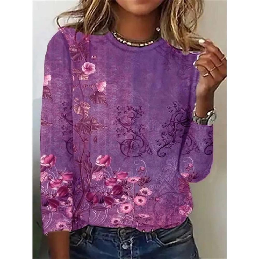 Women's floral pattern T-shirt 3D printed round neck long sleeved shirt