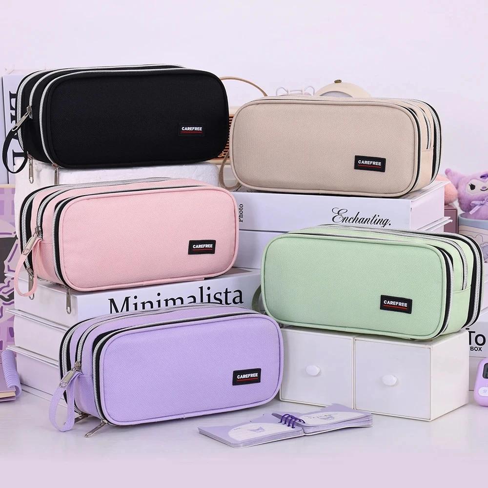 3 Compartment Pouch Double Side Opened Student Stationery Desk Organizer Makeup Bag Kawaii Pencil Case Large Space Storage