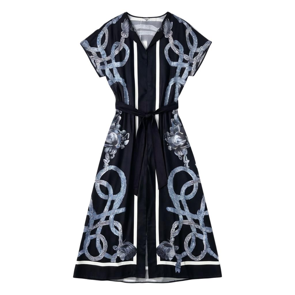 Old money style light luxury French V-neck rope knot positioning printed dress women, summer black waist and thin dress S чёрный