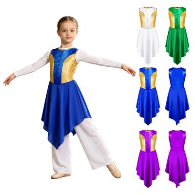 Girls Praise Dance Tunic Asymmetrical Satin Hem Sleeveless Color Block Metallic Bodice Dress with Back Zipper for Worship Service
