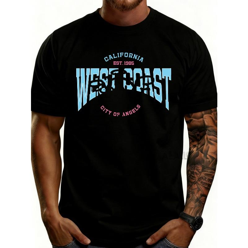 

European Size Casual Streetwear Style Men s T-Shirt California West Coast City Of Angels Graphic Design Summer And Spring Wear for Him Gift 4XL чорний