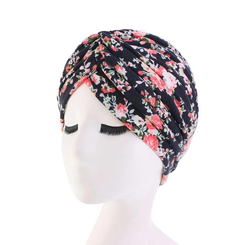 Indian Turban Muslim Women Hijab Floral Printed Hat Cancer Chemo Cap Islamic Hair Loss Cover Beanie Bonnet Head Scarf Pleated