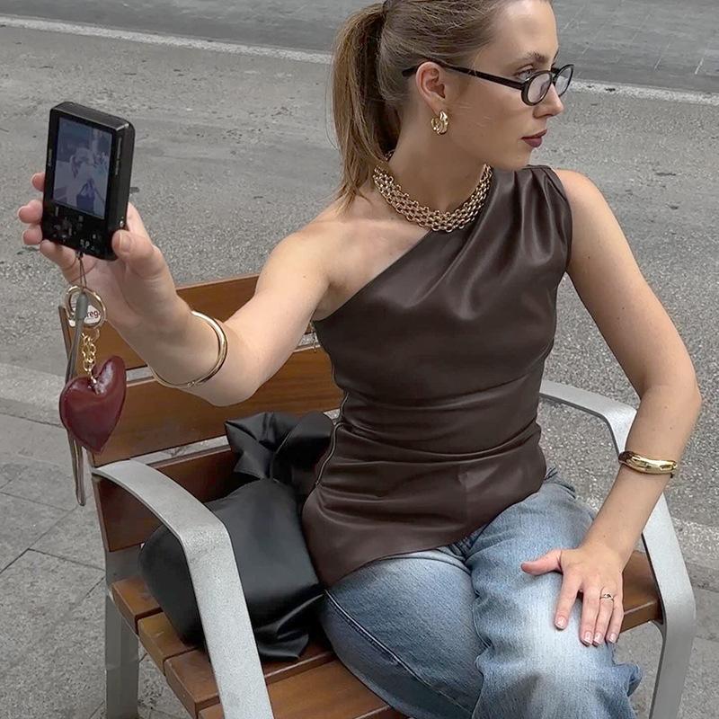 YYFS Damenmode Casual Sommer Frühling Einfarbig Druck Ärmellos Schrägkragen Blusen & Hemden