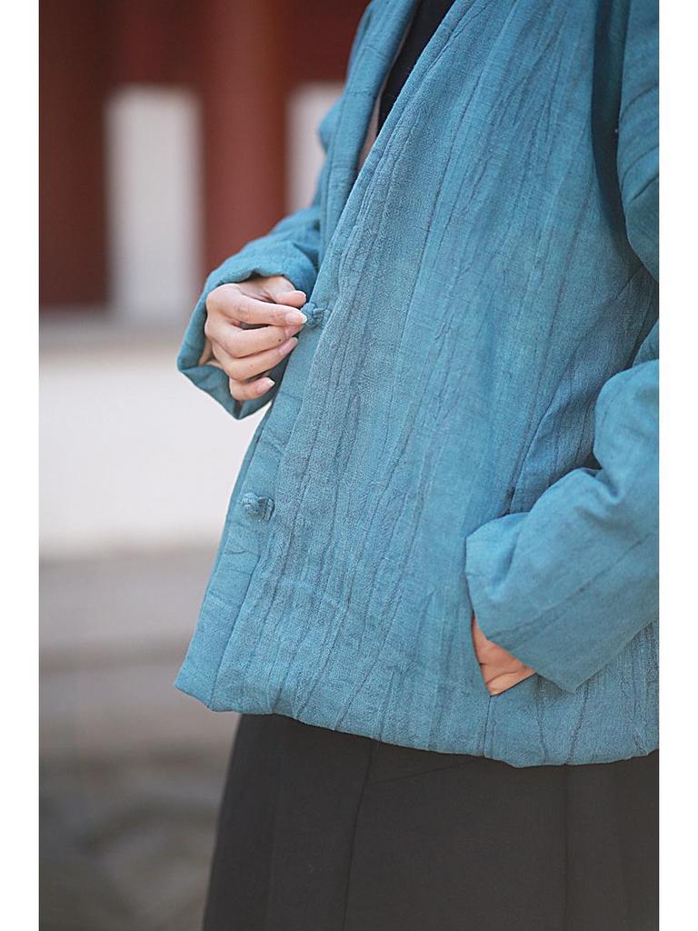 Vintage Chinese Tie-Dye Winter Cotton Coat with Buttons and Ramie Quilting