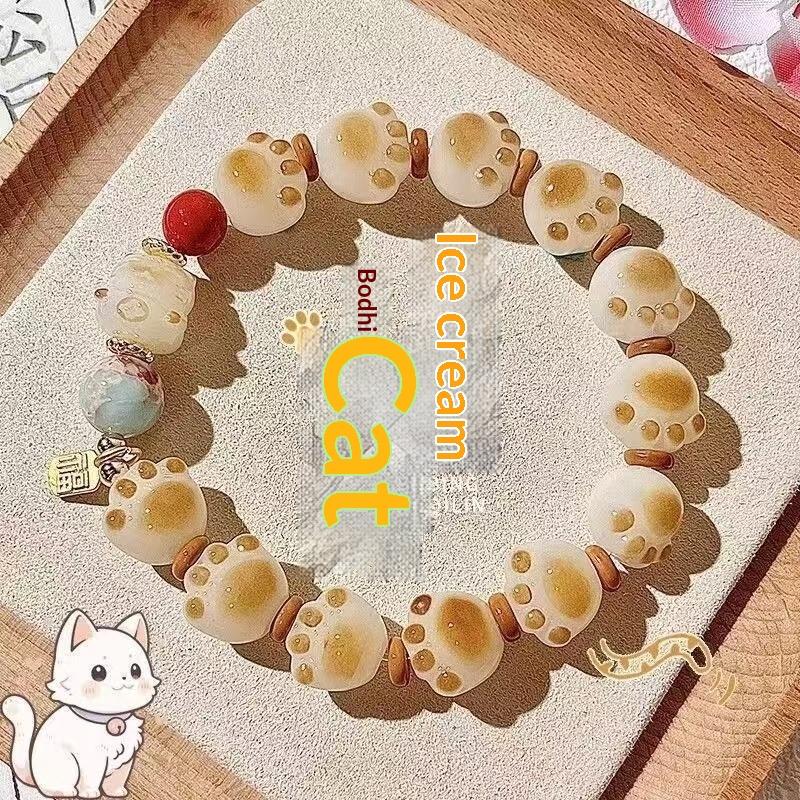 Kawaii Cat Paw Bodhi Bracelet – Handmade Beaded Elastic Bracelet with Lucky Blessing Charm for Daily Wear & Gifts