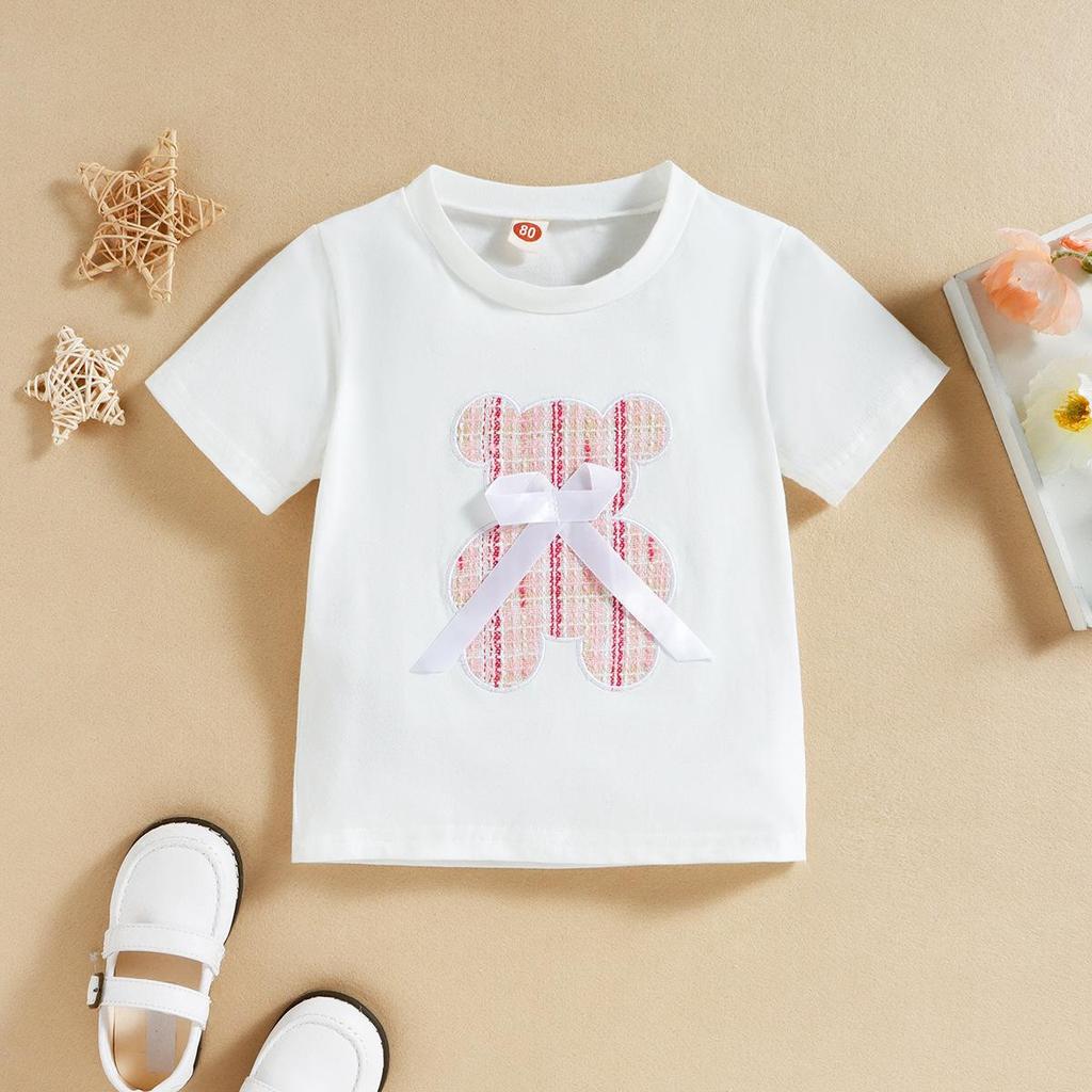 Girls Fashion Set Summer Children's Bear Bow Pullover Short Sleeve T-shirt Skirt Set