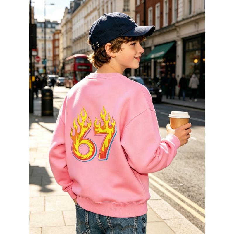 Kids Unisex Crewneck Sweatshirt, Back Print Flame Number 67 Long Sleeve Pullover, Boys Girls Casual Birthday Sweatshirt For Kids Over 4 Years Old