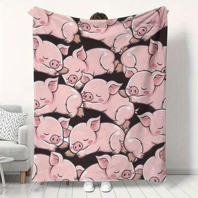 Cute Pink Pig Print Flannel Blanket - Soft Lightweight Throw with Sleeping Pink Pigs - All-Season for Couch, Bed, Office, Dorm
