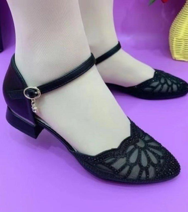 Hollow soft sole medium heel sandals women's medium heel thick heel outer wear shallow mouth pointed hollow rhinestone one-word buckle belt mother