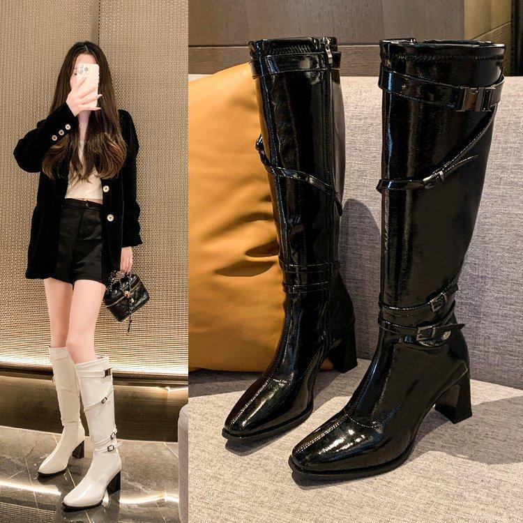 Giant Beauty~ White Coarse Heel Motorcycle Knight Boots Women's British French Belt Buckle Height Increasing Skinny Long Fashion Boots Women