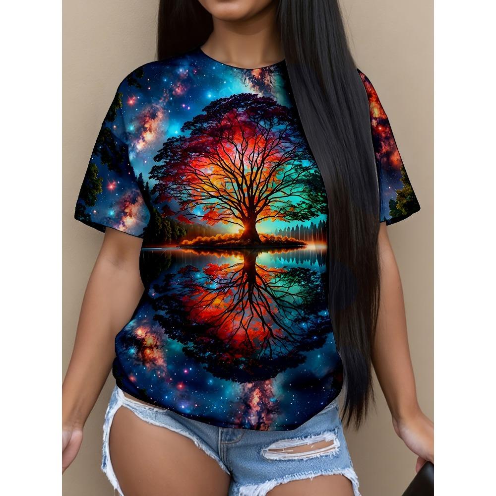 Summer New Women's Casual T-shirt Floral Print Fashion 3D Short Sleeved Round Neck Comfortable Plus Size T-shirt