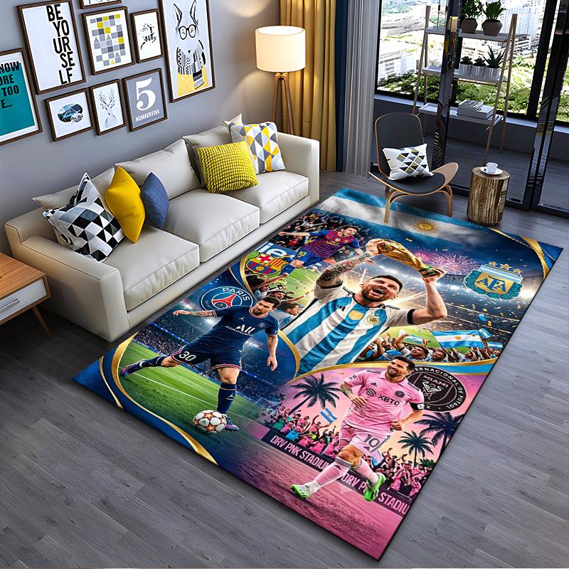 Sports Area Rug, Lionel Messi Career Clubs Argentina Barcelona PSG Inter Miami Trophy Print, Fan Decor, Non-Slip Mat