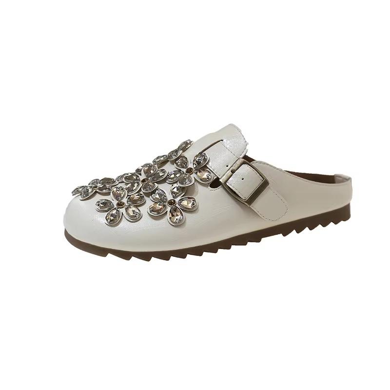 Fashion Brand Shoes Female 2025 Mules Women's Slippers Casual Slippers Women Fashion Rhinestone Flower Shoes Belt Buckle Flat Slippers