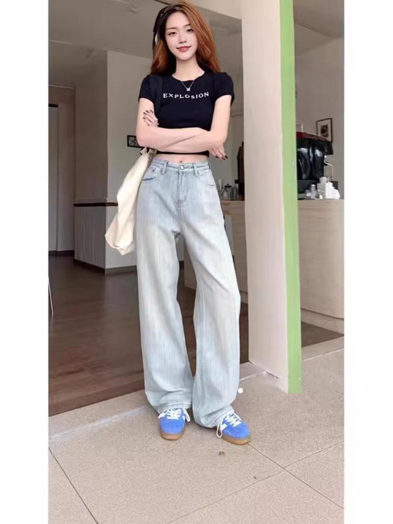 Light Blue Plus-Size High-Waisted Straight-Leg Jeans for Pear-Shaped Women - Summer 2025 Slimming Wide-Leg Design XL