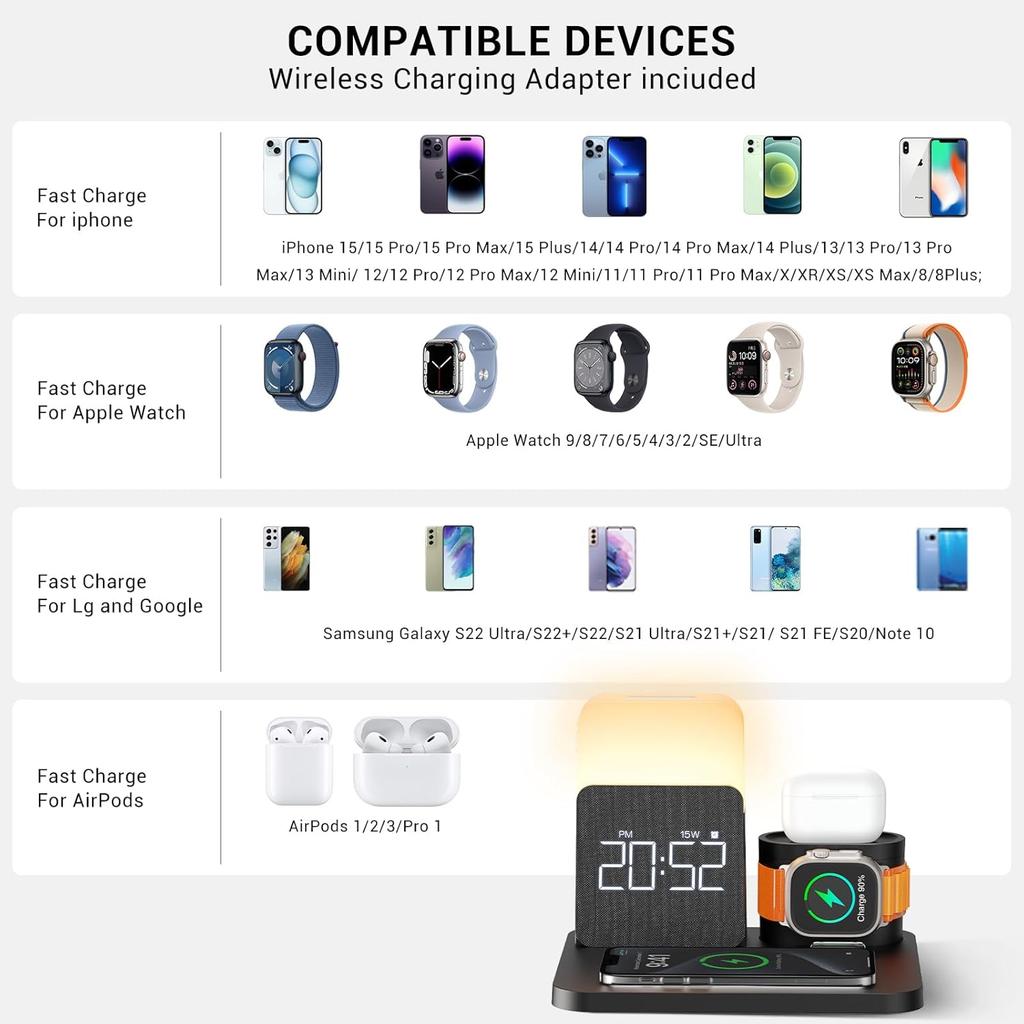 3 In 1 Charging Station for iPhone, Alarm Clock, Night Light, Wireless Charger for iPhone 15 14 13 12 11 X Pro Max & Apple Watch - Charging Stand