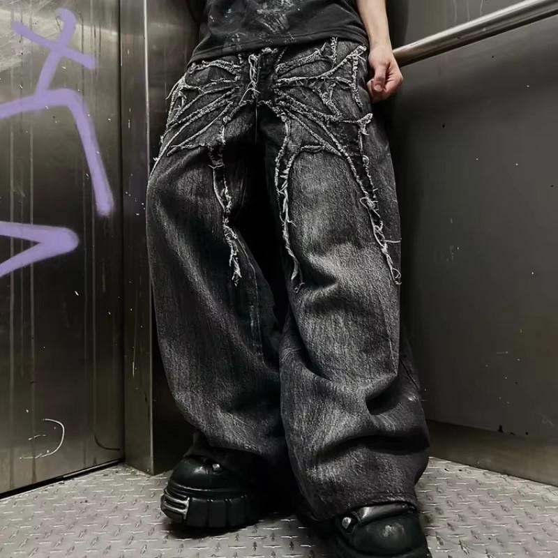 Gotische Retro Baggy Unisex Wischhosen Y2K Phantom Jeans High Street Spinnenstickerei Aufnäher Hip Hop Streetwear Gerade Jeans M schwarz