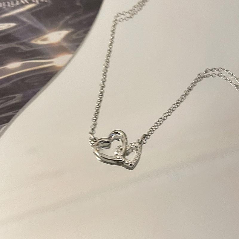 ins wind interlocking heart interlocking necklace female love collarbone chain diamond pendant sweet gift girlfriend girlfriend