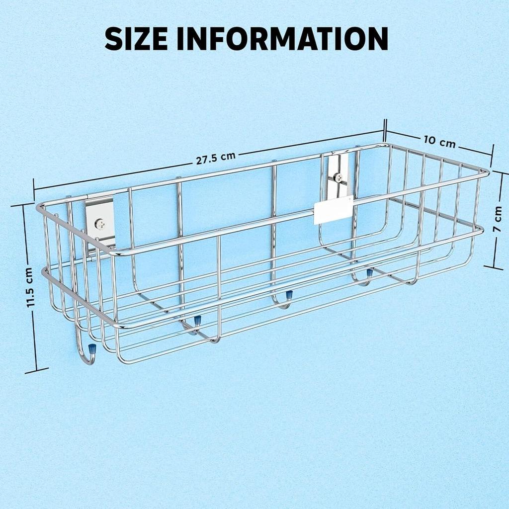 Baderomshylle i rustfritt stål for vegg | Selvklebende baderomsorganisator | 4 kroker for håndkleholder | Plassbesparende veggmontert baderomshylle