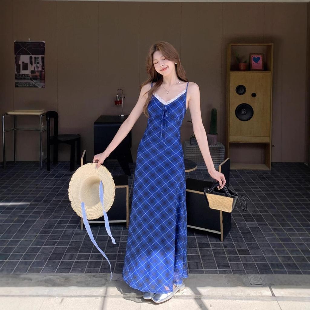 French retro blue plaid suspender dress women's summer lace skirt mesh temperament hip-wrapped dress