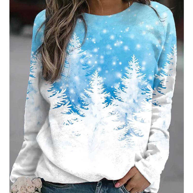 

Женские Осенние Топы Свободные Зимние Снежинки Принт Причинный Длинный Рукав Футболка Топ Блузка