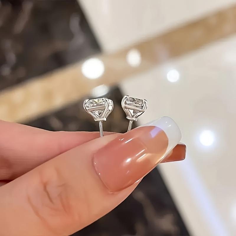Simple 925 Sterling Silver Square White Cubic Zirconia Stud Earrings Classic Women's Elegant Jewelry