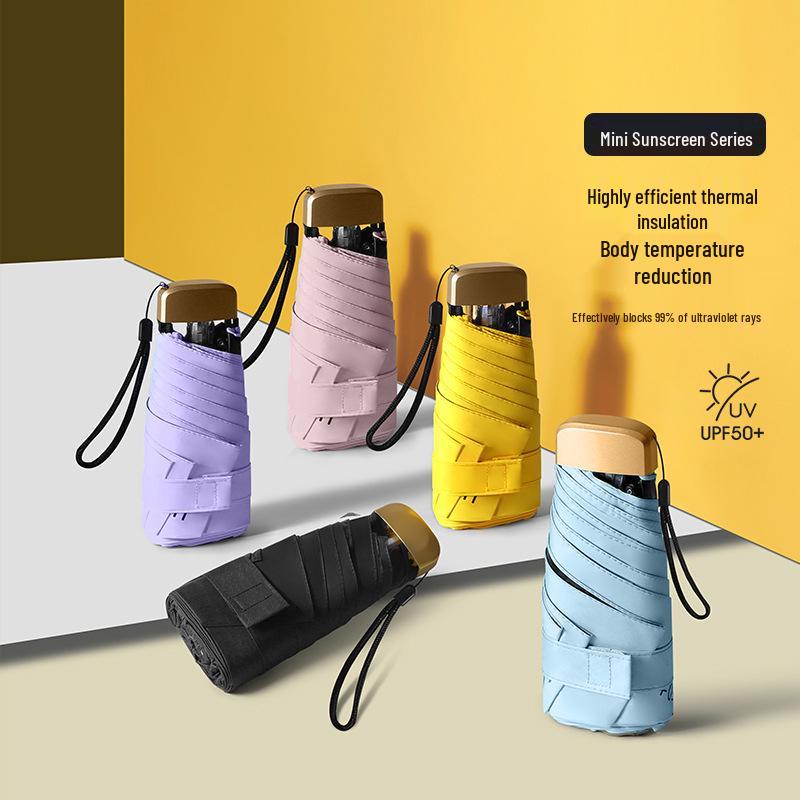 Compact Women's Five-Fold Sunshade Umbrella - Black Glue, UV Protection, for Sunny and Rainy Days, Customizable for Advertising