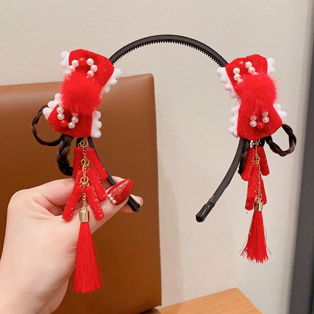 Red Flower Tassel Headband Pearl New Year Headwear Cute Hanfu Wig Headband  Children